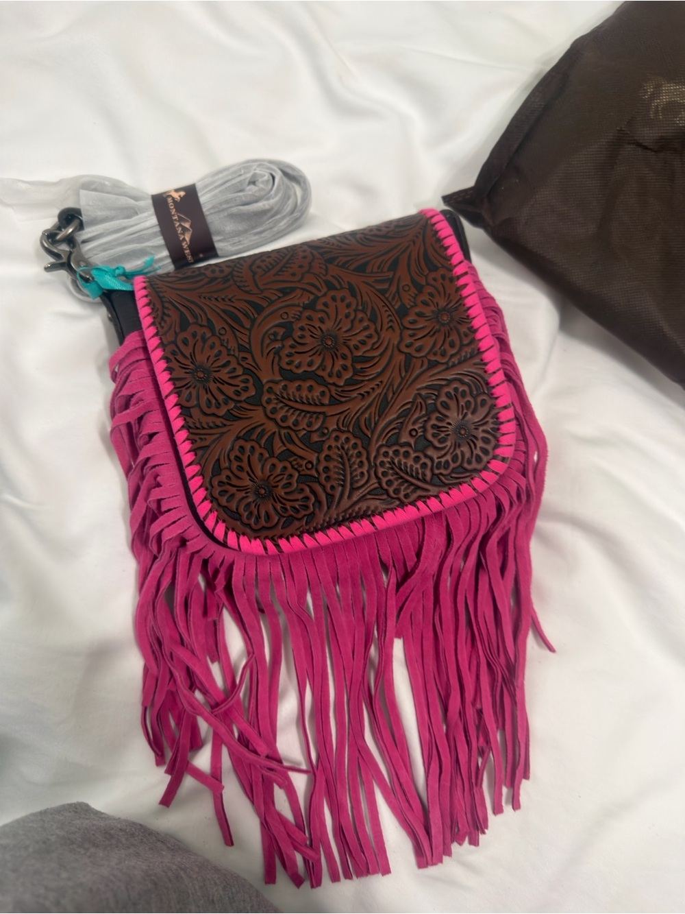 NEW Women's Floral Tooled Leather Crossbody Bag with Pink Fringe